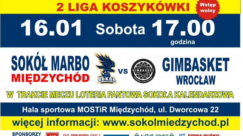 Ilustracja do artykułu Zapraszamy na mecz II Ligi! SOKÓŁ MARBO MIĘDZYCHÓD VS. GIMBASKET WROCŁAW - 16/01/2016