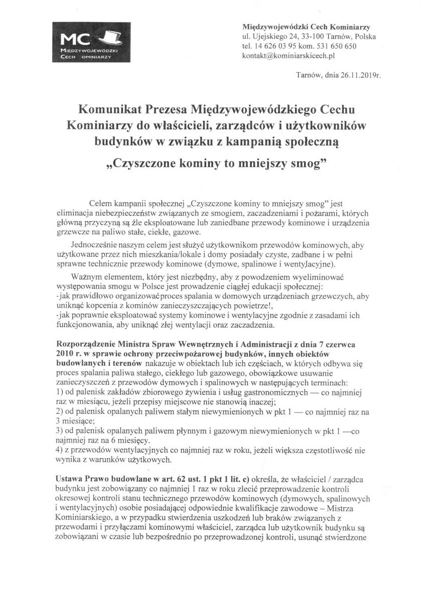 Komunikat Prezesa Międzywojewódzkiego Cechu Kominiarzy