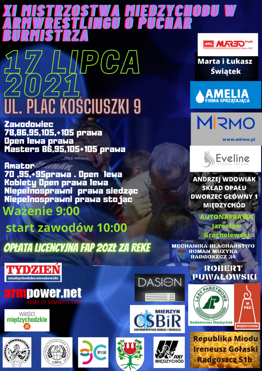 plakat XI Mistrzostwa Międzychodu w Armwrestlingu o Puchar Burmistrza
