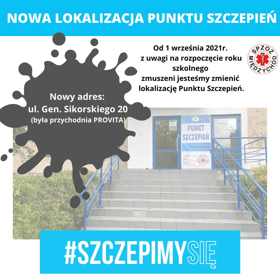 Zdjęcie zawiera informacje o nowej lokalizacji punktu szczepień.