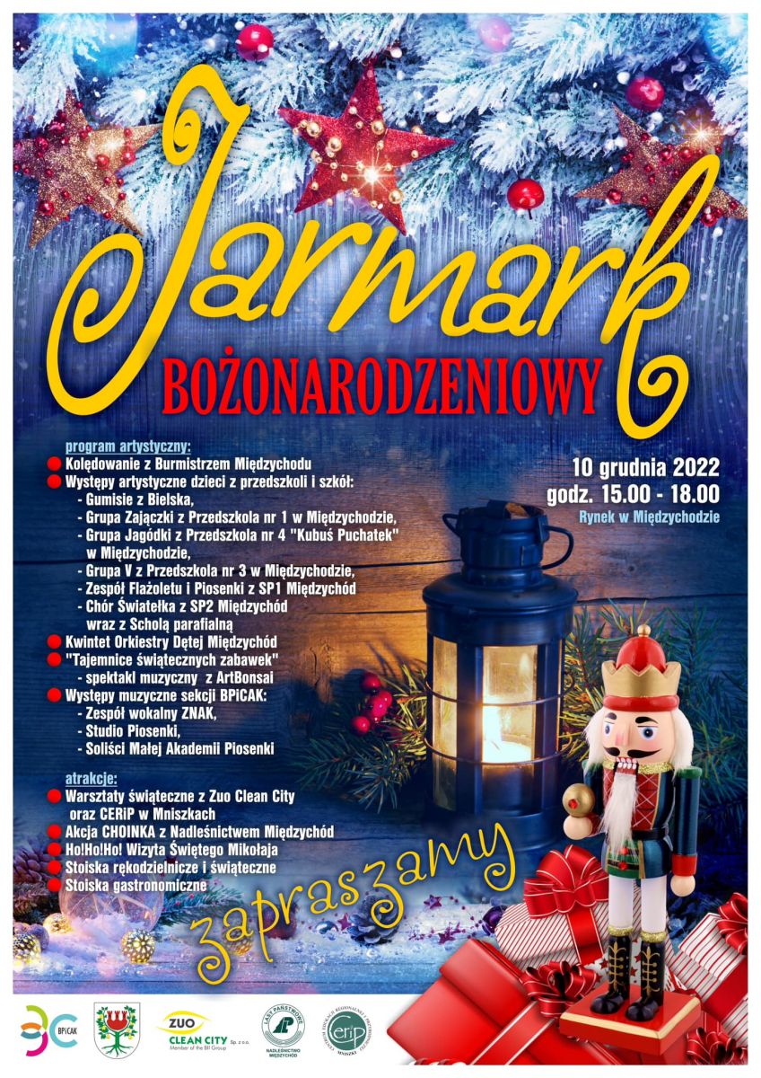 plakat Jarmarku Bożonarodzeniowego zaprojektowany w świątecznym klimacie