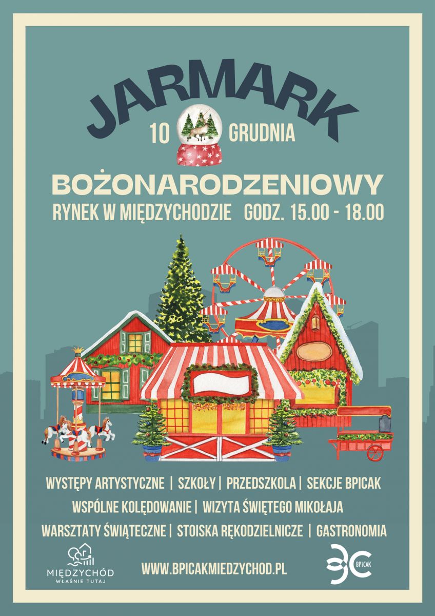 plakat jarmarku bożonarodzeniowego - na grafice elementy straganów świątecznych i karuzeli