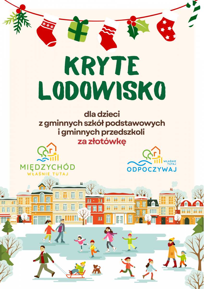 plakat z informacją, że kryte lodowisko dla dzieci z gminnych szkół podstawowych i gminnych przedszkoli będzie dostępne za 1 złotówkę