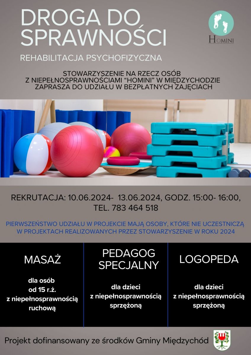 plakat informacyjny, na zdjeciu sprzęt do rehabilitacji