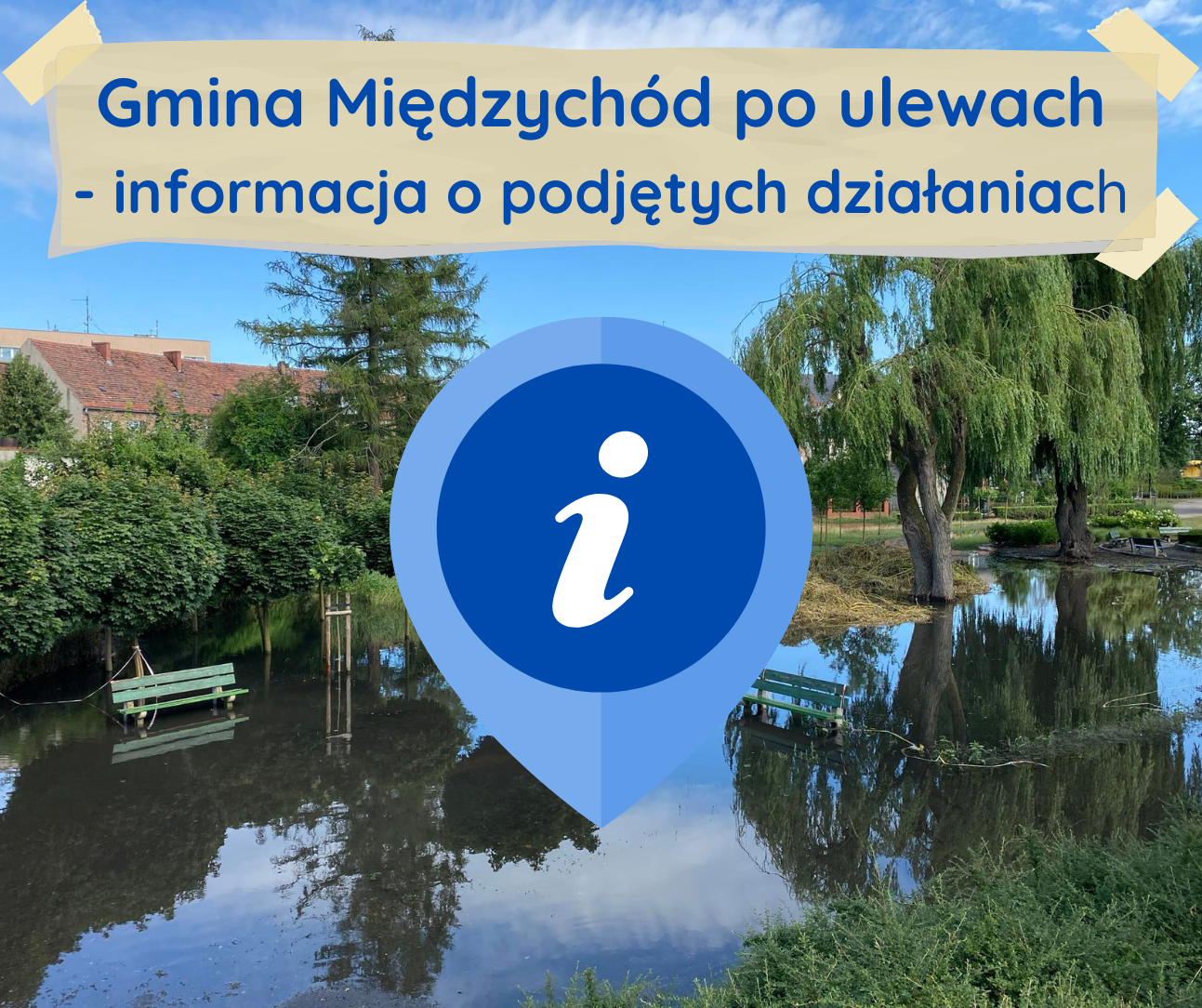 grafika przedstawia podtopioną część Parku im. Łucjana Sobkowskiego z ikoną informacji