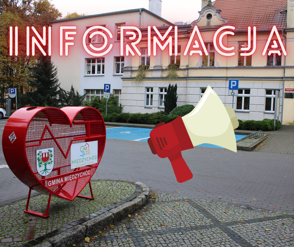 zdjęcie przedstawia pojemnik na nakrętki w kształcie serca oraz urząd miasta