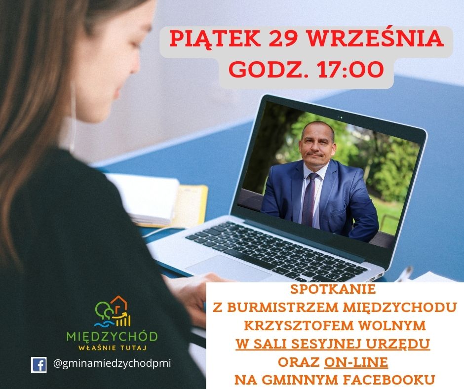 plakat spotkania z Burmistrzem, na grafice kobieta wpatrująca się w laptopa, na ekranie którego widać zdjęcie Burmistrza