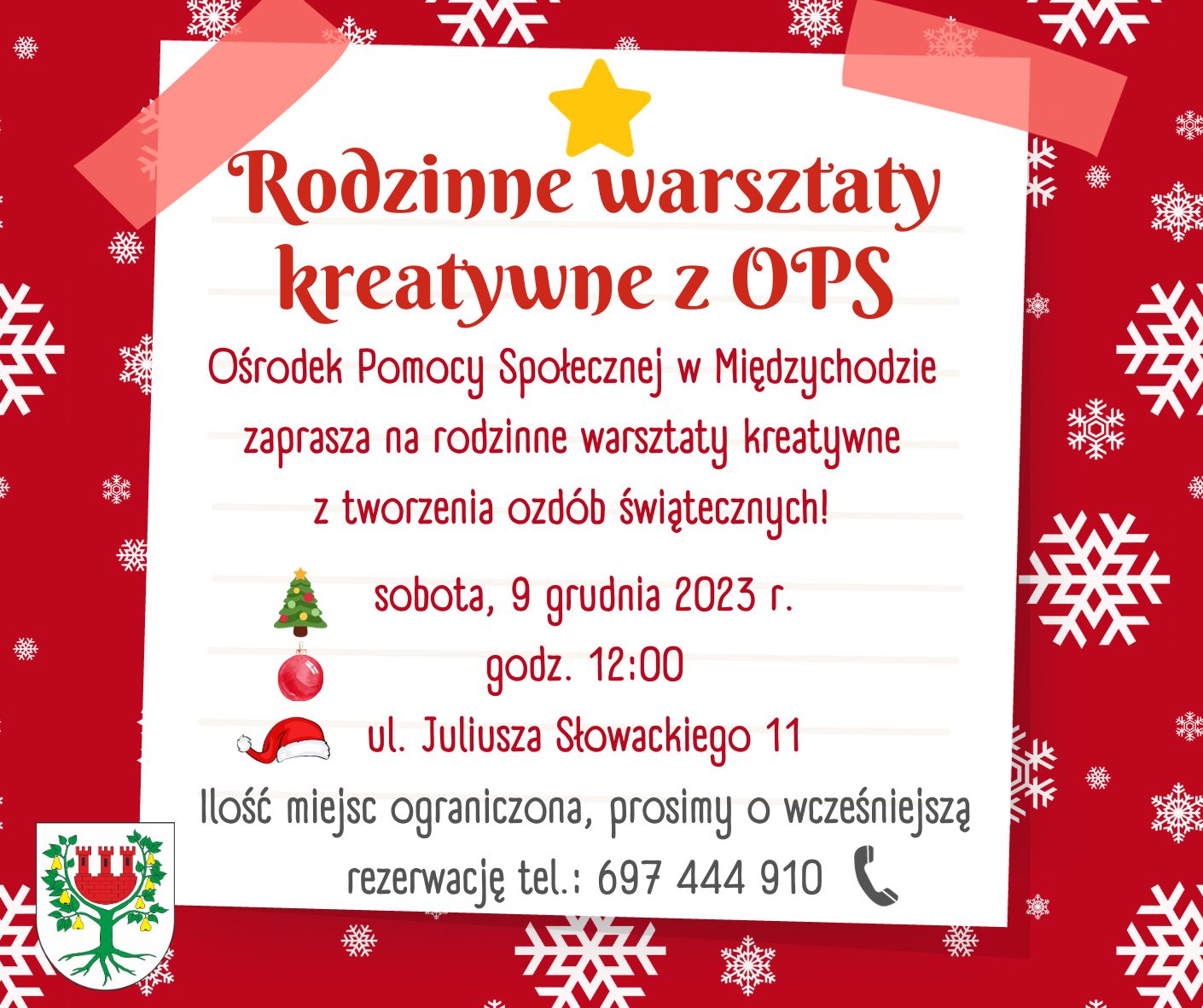 zaproszenie na rodzinne warsztaty kreatywne z OPS - na grafice motywy świąteczne