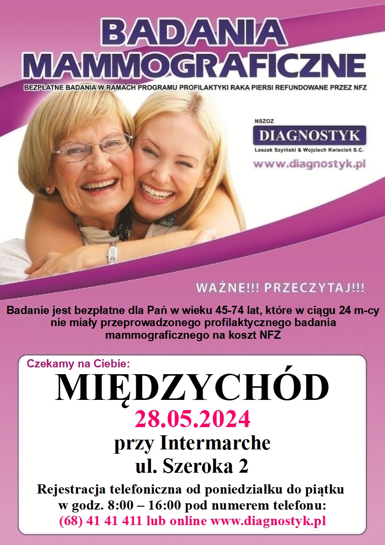 plakat z szczegółowymi informacjami dot. terminu i miejsca badania mammograficznego