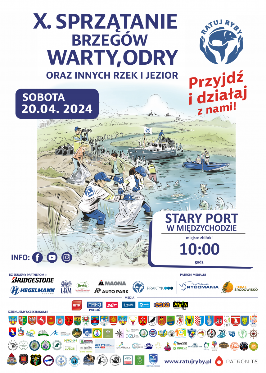 plakat akcji sprzątania brzegów Warty - na grafice ludzie sprzątający śmieci nad rzeką oraz logotypy organizatorów, partnerów i sponsorów