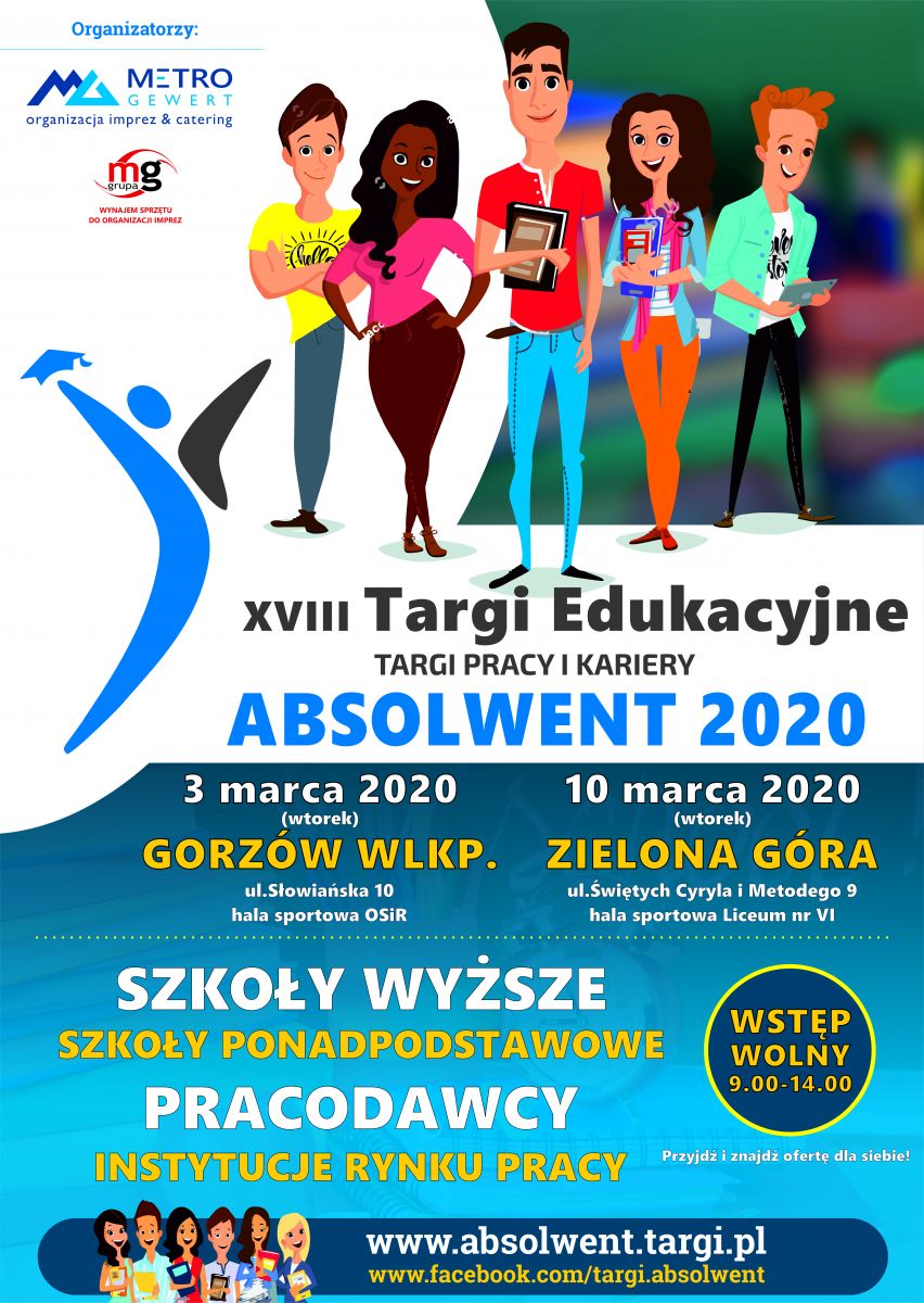 Plakat informujący o XVIII edycji Targów Edukacyjnych ABSOLWENT 2020
