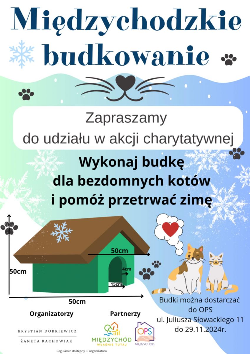 plakat akcji charytatywnej - na grafice śnieżynki, koty i buda