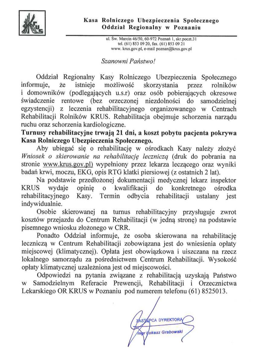 Ulotka dotycząca bezpłatnej rehabilitacji KRUS