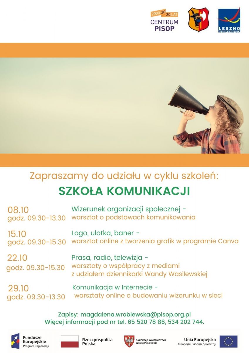 Zdjęcie przedstawia plakat, zawierający niżej wymienione informacje, daty oraz zakres szkoleń.