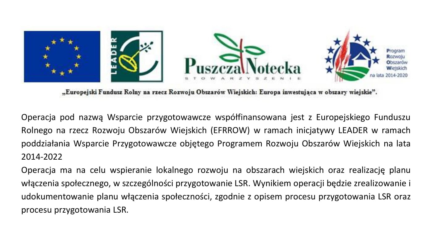 informacja o finansowaniu projektu wraz z logotypami UE, EFROW, LGD Puszcza Notecka i PROW