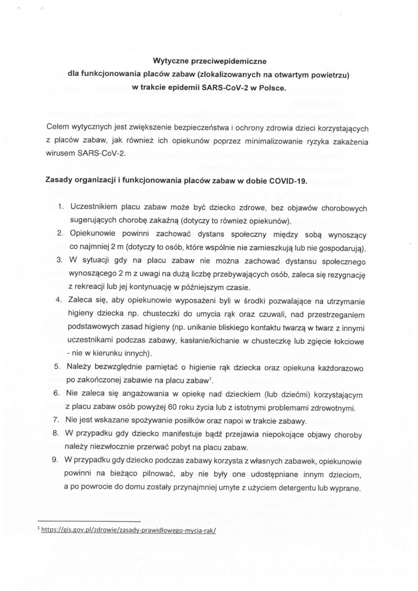 wytyczne dotyczące funkcjonowania placów zabaw w czasie pandemii
