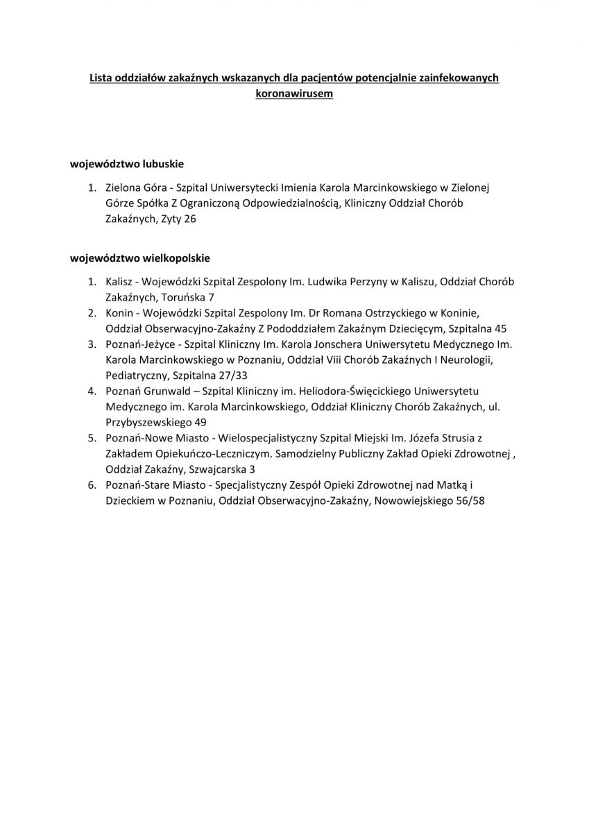 informacja dotycząca koronawirusa - szpitale
