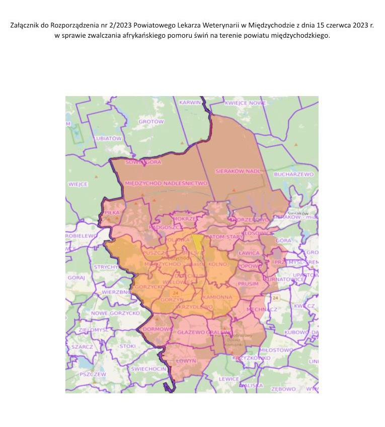 mapa z obszarem zagrożonym ASF