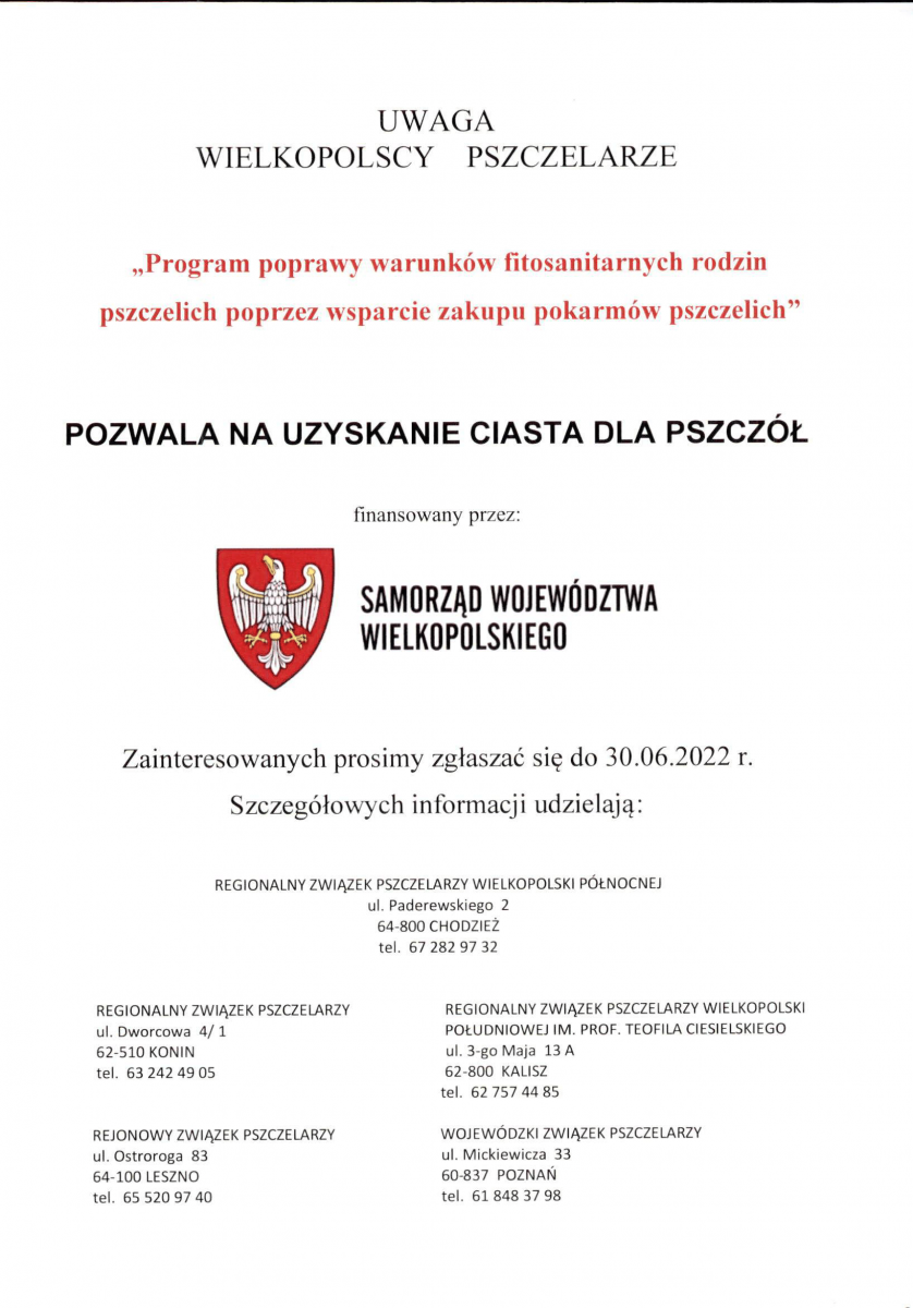 Plakat Program poprawy warunków fitosanitarnych rodzin pszczelich poprzez wsparcie zakupu pokarmów pszczelich