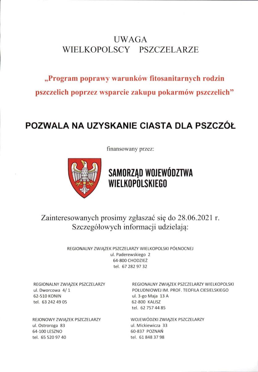 Informacja dla Wielkopolskich Pszczelarzy 