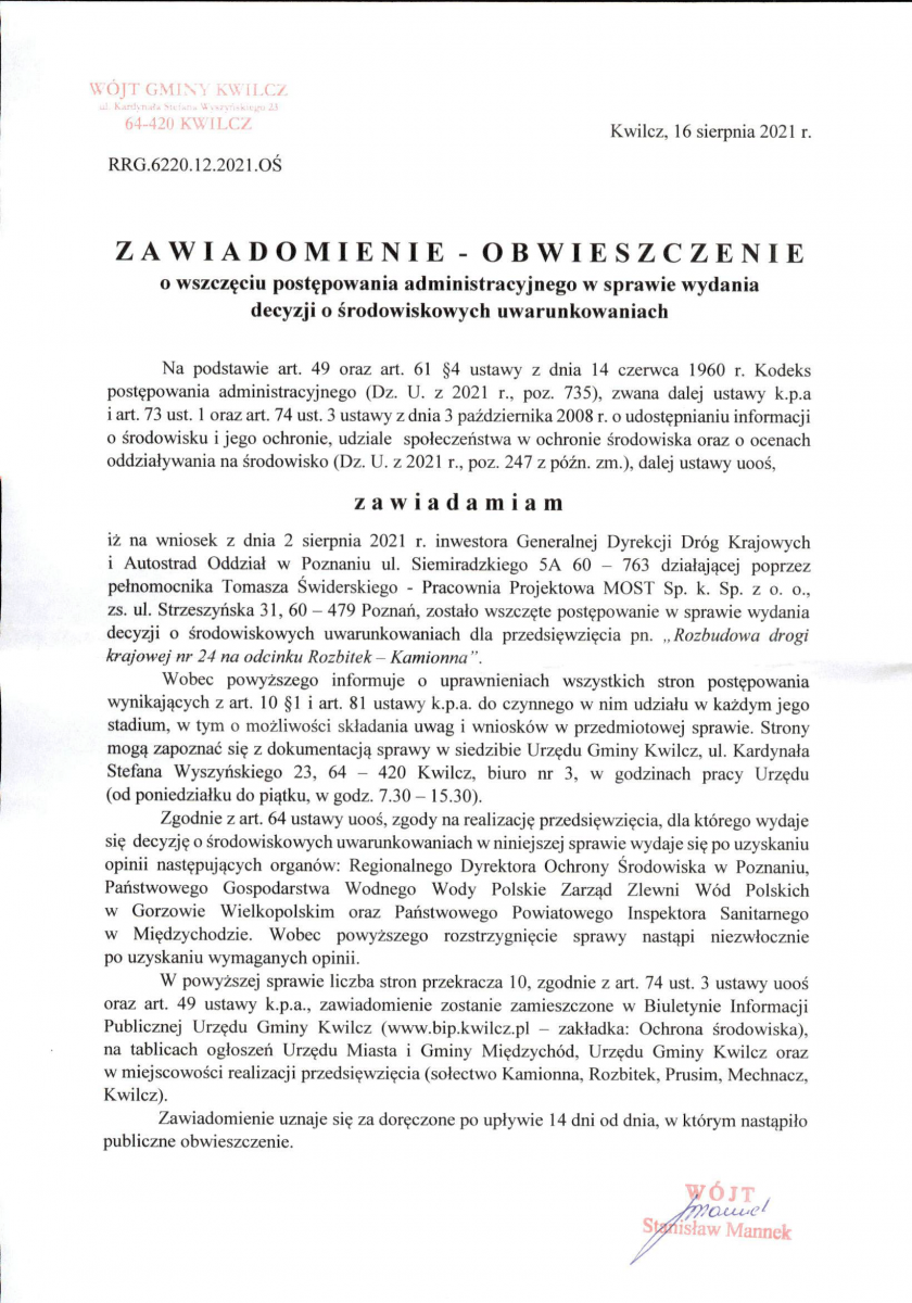 obwieszczenie wójta gminy kwilcz