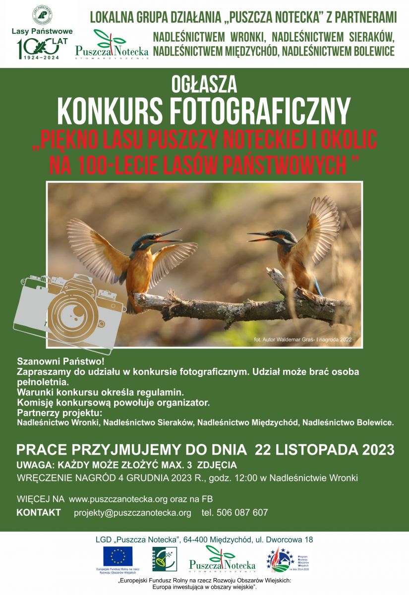 plakat konkursu fotograficznego - na grafice zdjęcie dwóch ptaków oraz logotypy partnerów i organizatorów konkursu