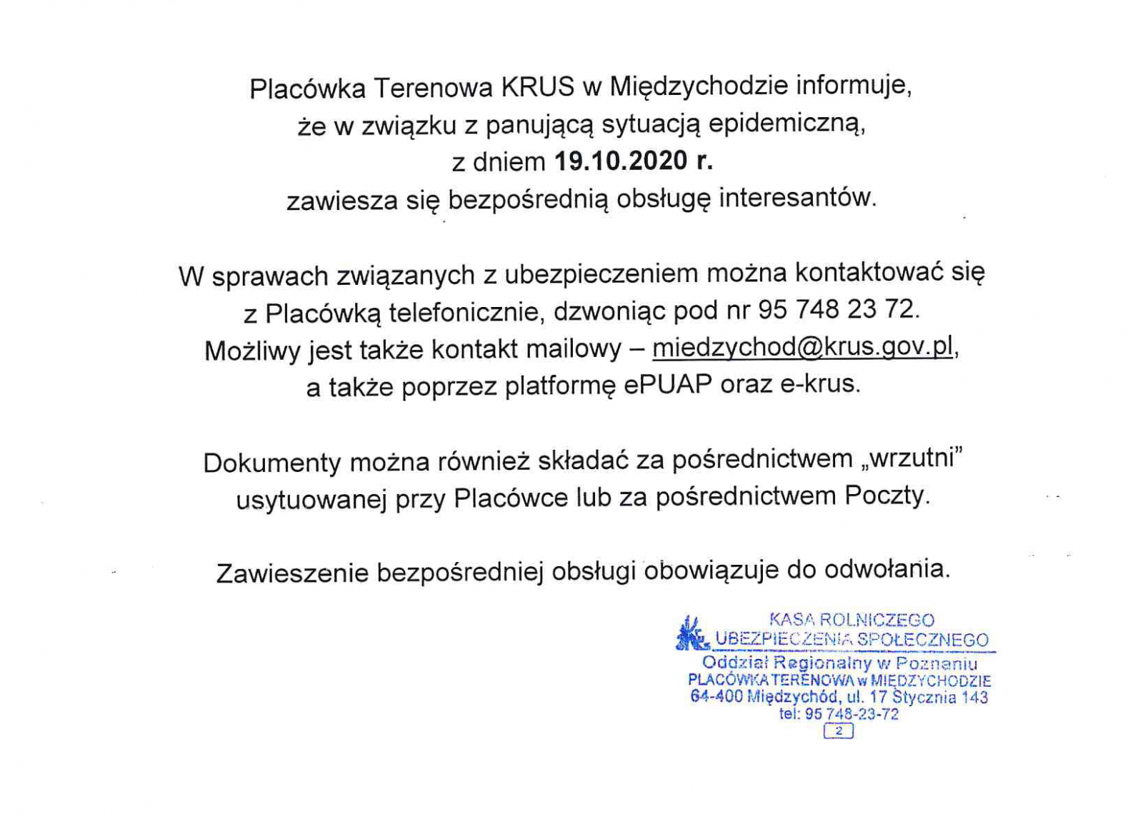 informacja KRUS dot. obsługi interesantów