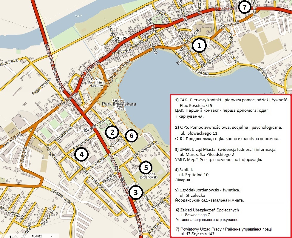 Mapa Międzychodu z zaznaczonymi punktami