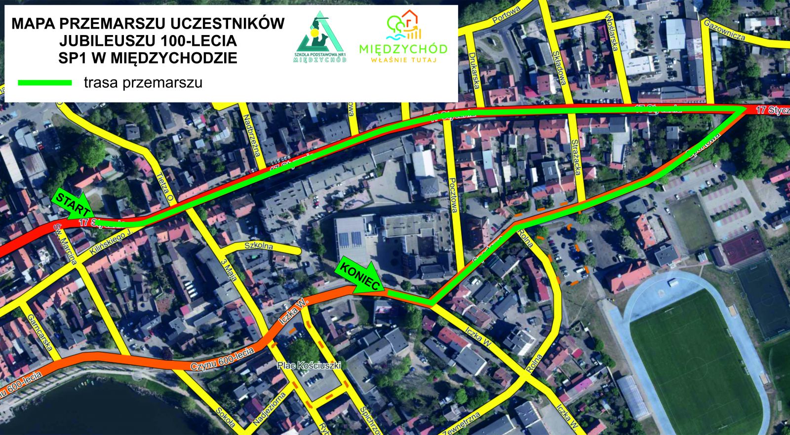 mapa przemarszu uczestników jubileuszu 100-lecia SP1 ulicami Międzychodu