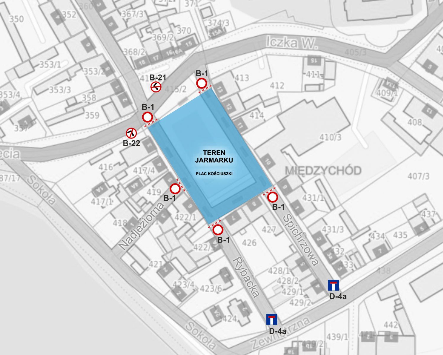 mapka jarmark plac Kościuszki zakazy wjazdu