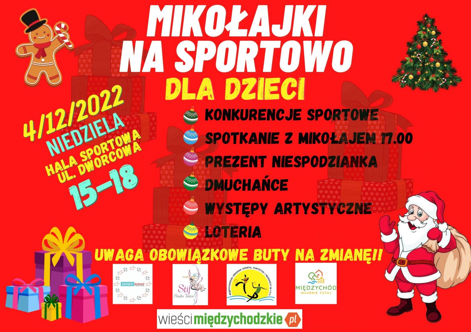 plakat informujący o mikołajkach na sportowo w świątecznej aranżacji, tło czerwone, świąteczne elementy graficzne: pierniczki, paczki z prezentami, choinka, święty mikołaj