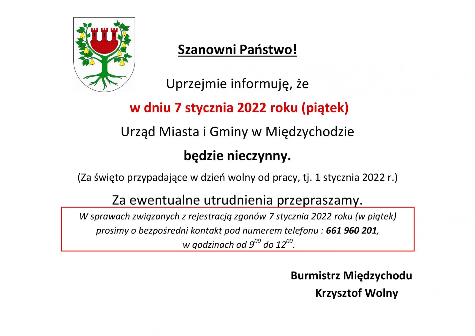 informacja - urząd nieczynny 7 stycznia 2022 roku.