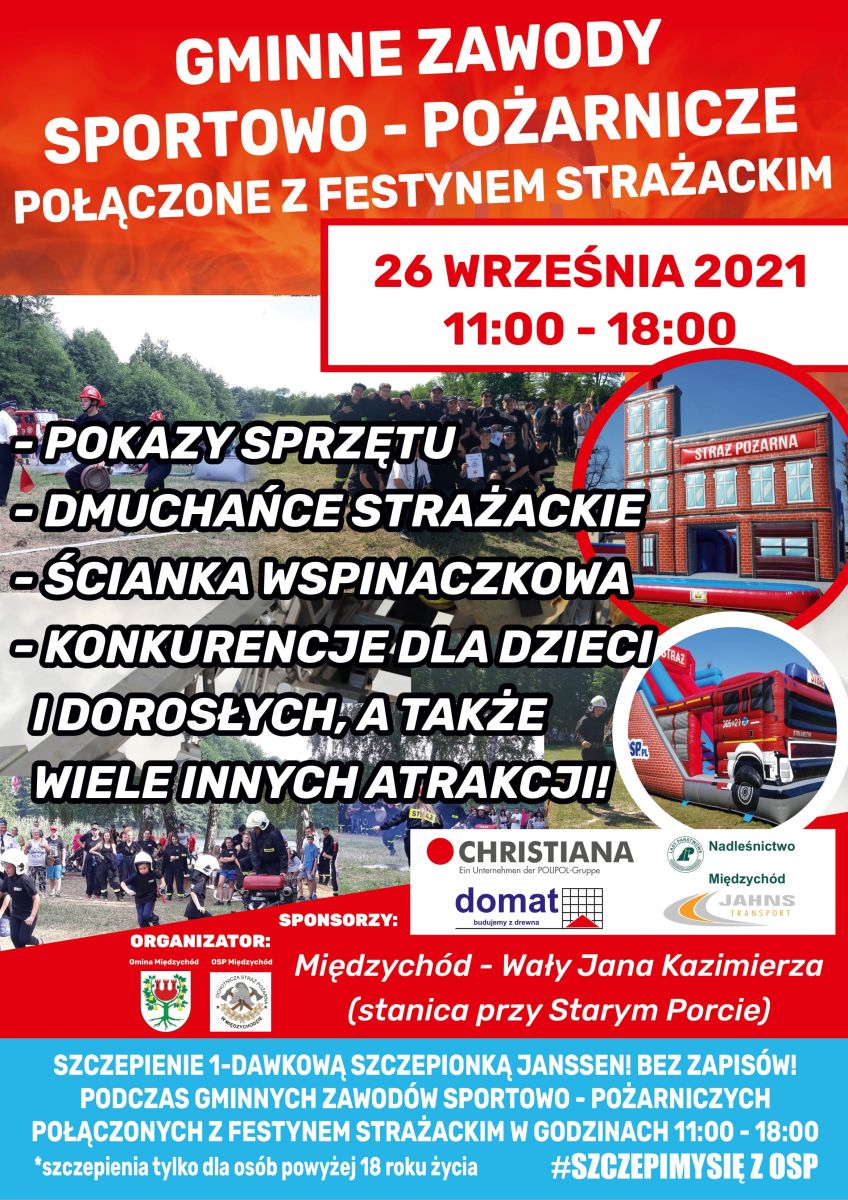 Plakat informujący o Gminnych Zawodach Sportowo-Pożarniczych połączonych z Festynem Strażackim, odbywającym się 26 września.