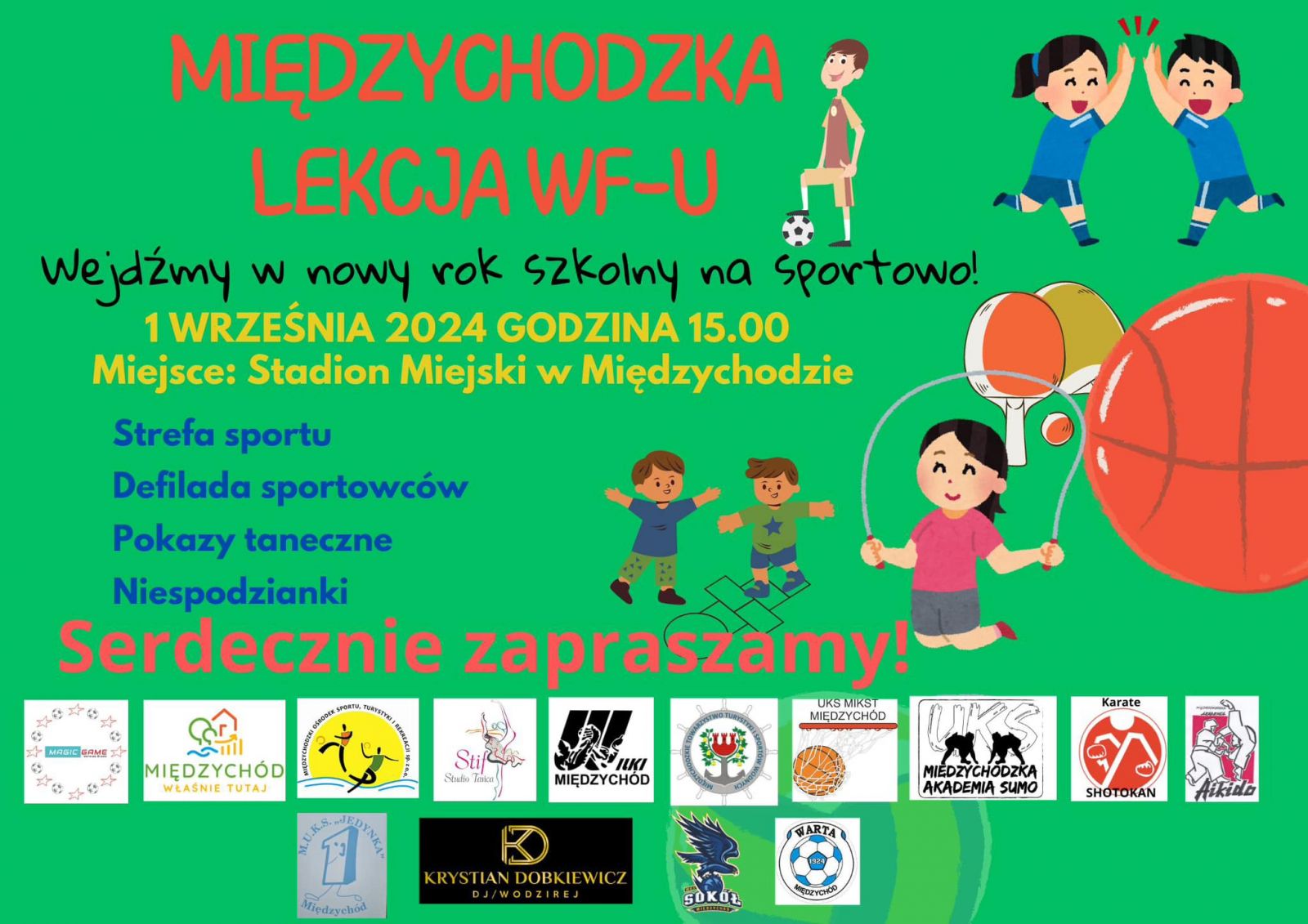 plakat wydarzenia - grafika na zielonym tle z postaciami bawiących się dzieci i logotypami partnerów wydarzenia