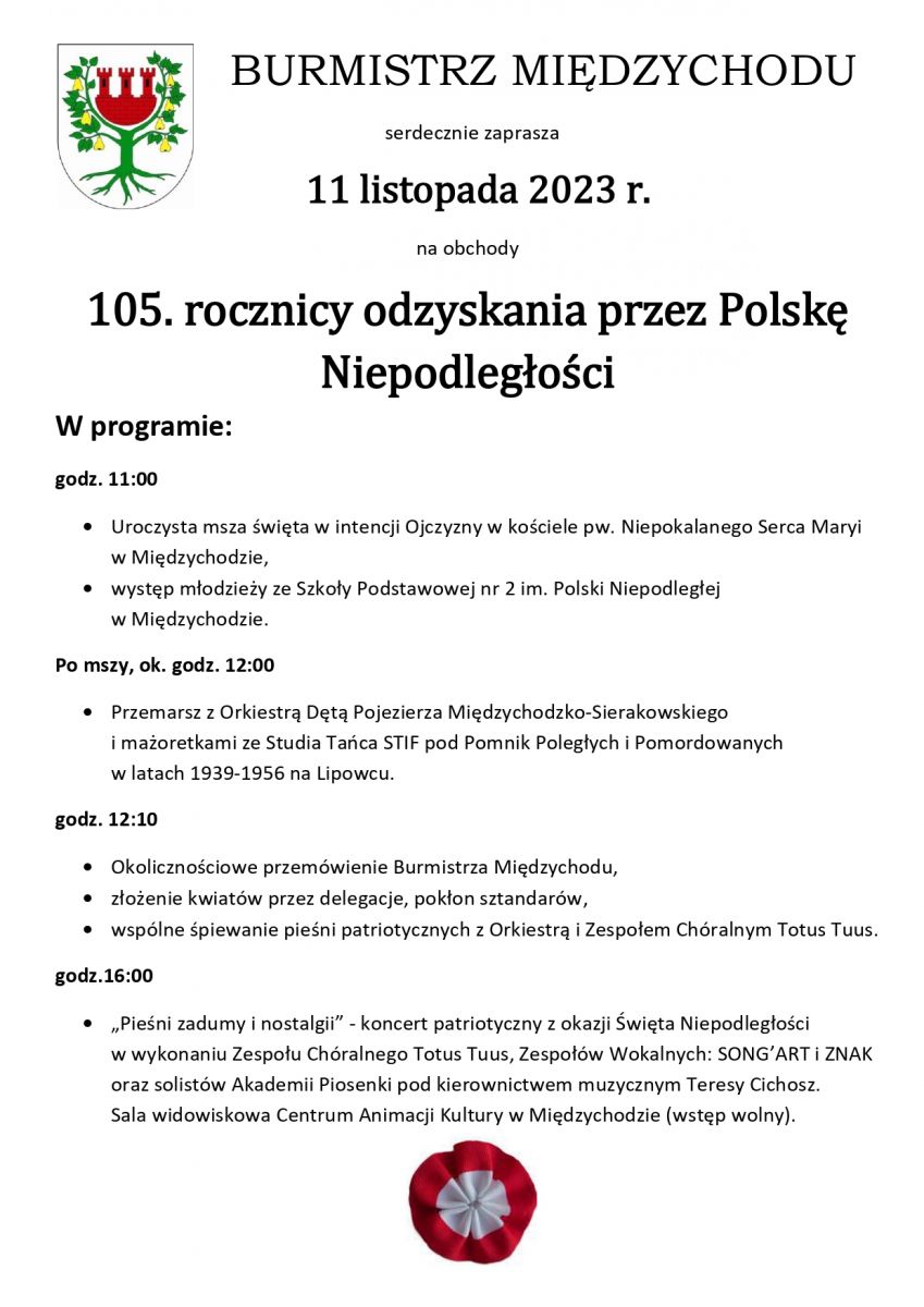 plakat o obchodach Święta Niepodległości, na grafice herb Międzychodu