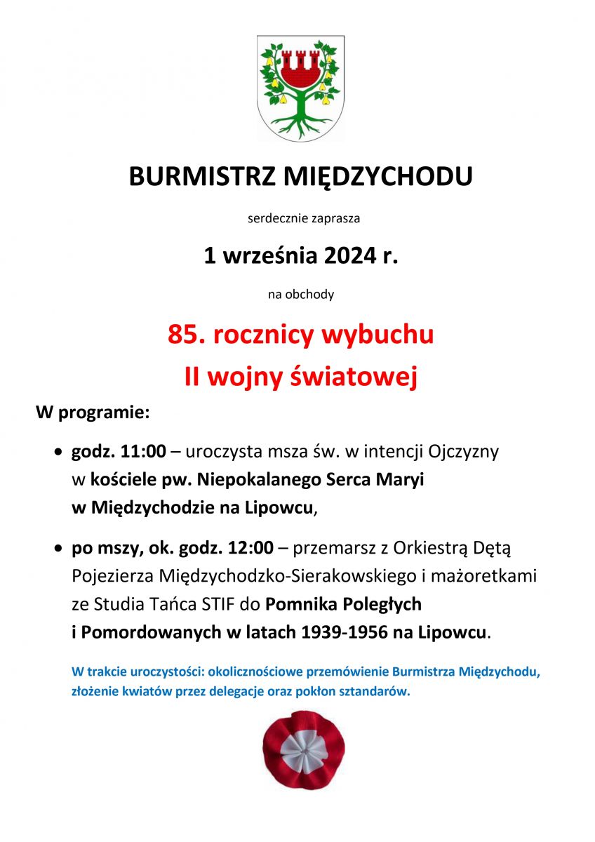 plakat uroczystości państwowych, na grafice herb Międzychodu i rozeta w kolorach narodowych