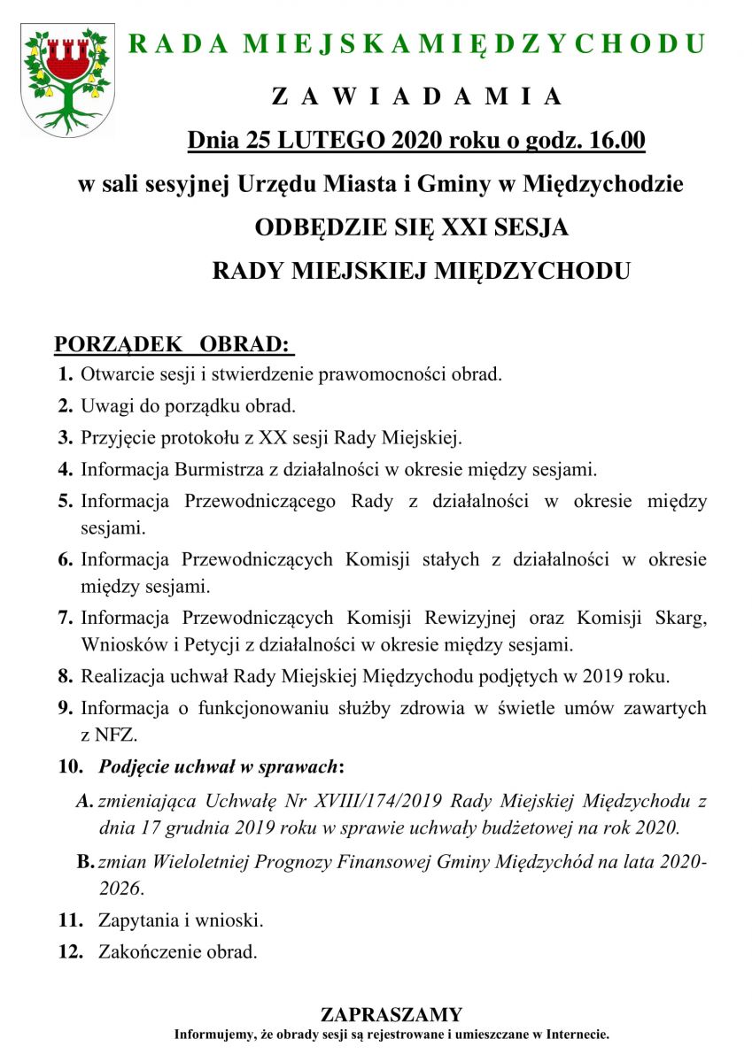 XXI Sesja Rady Miejskiej Międzychodu - 25 luty 2020 r o godz. 16:00