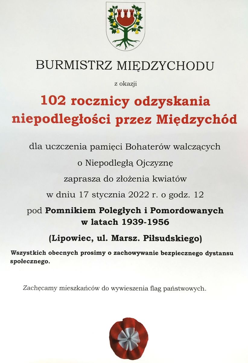 plakat Obchody 102. rocznicy odzyskania niepodległości przez Międzychód - 17 stycznia