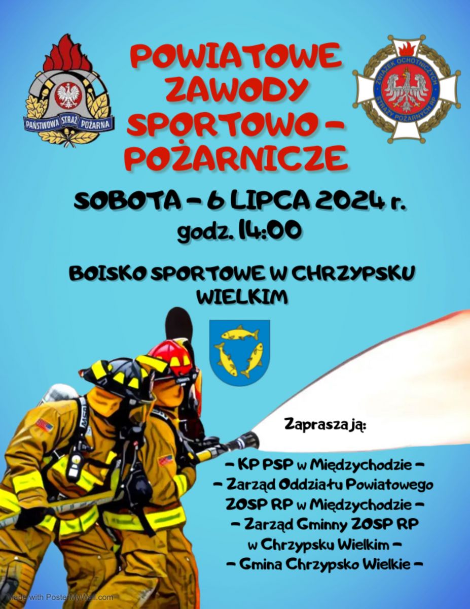 plakat informacyjny w tle strażacy