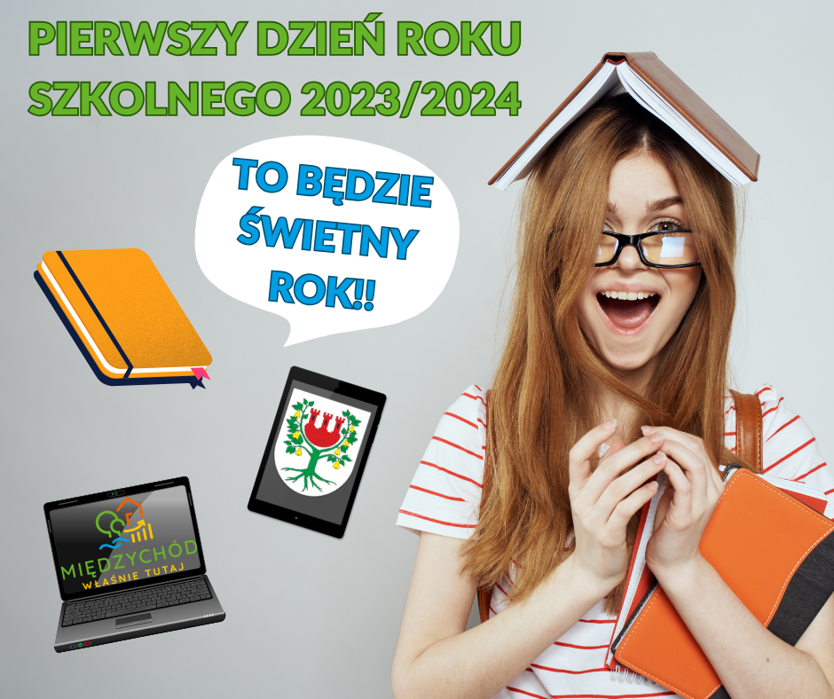 grafika przedstawia dziewczynkę z książką na głowie, obok laptop, tablet i książki z logotypami Międzychodu