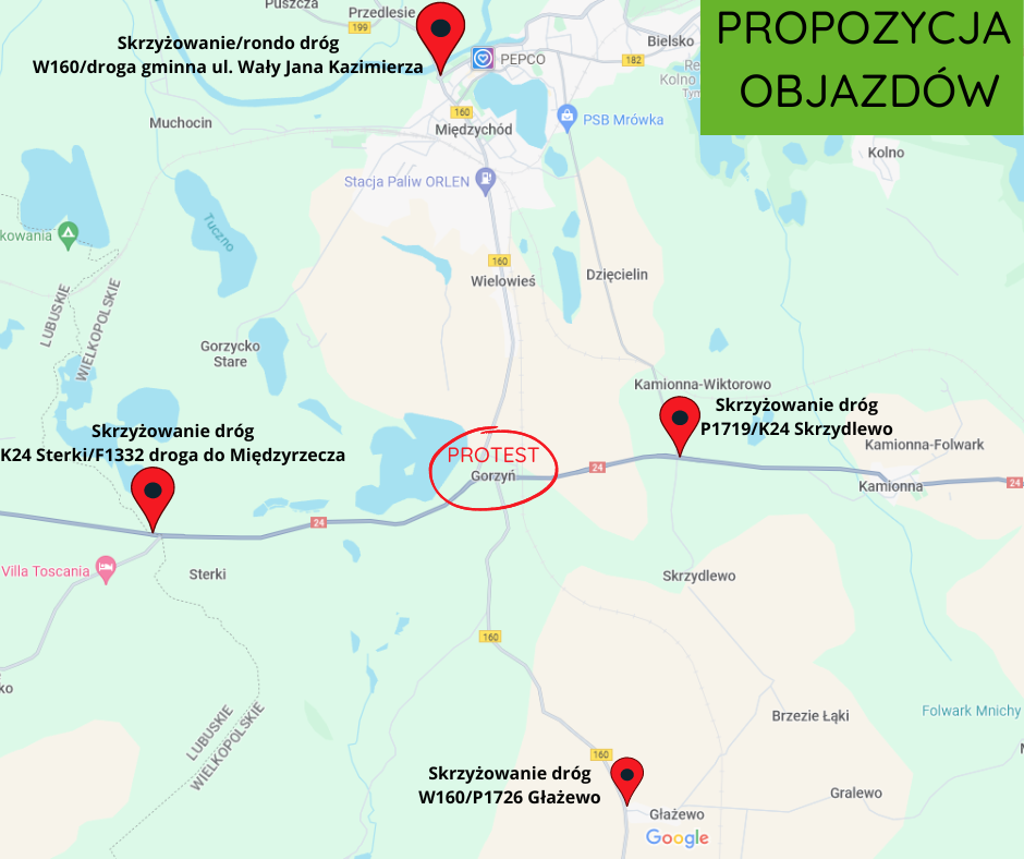 mapka z wyznaczonymi objazdami