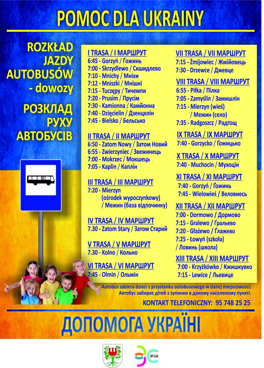 Plakat w kolorze flagi ukraińskiej z grafiką dzieci i informacjami o dowozach na zajęcia integracyjno-edukacyjne dla ukraińskich dzieci