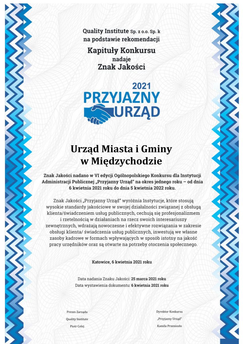 certyfikat PRZYJAZNY URZĄD